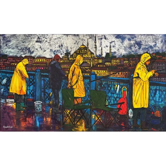 Yağmurda Balık Nöbeti Yağlı Boya Tablosu