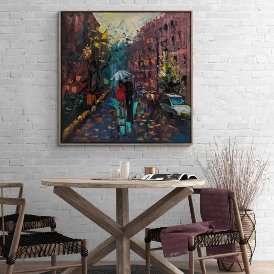 Yağmurda Sevgililerin İzleri Yağlı Boya Tablosu