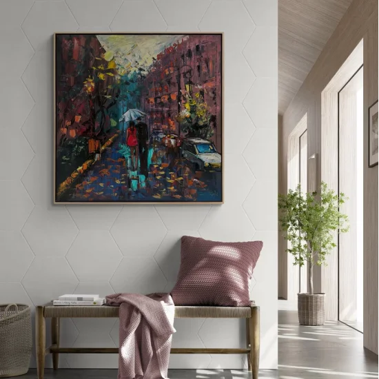 Yağmurda Sevgililerin İzleri Yağlı Boya Tablosu