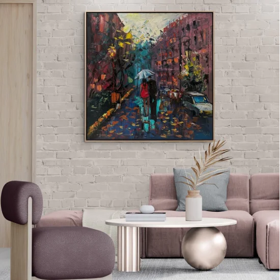 Yağmurda Sevgililerin İzleri Yağlı Boya Tablosu