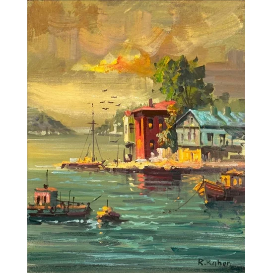 Yalılarda Gün Batımı Yağlı Boya Tablosu