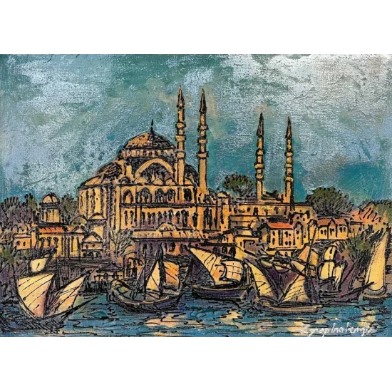 Yeni Cami ve Yelkeniler Yağlı Boya Tablosu
