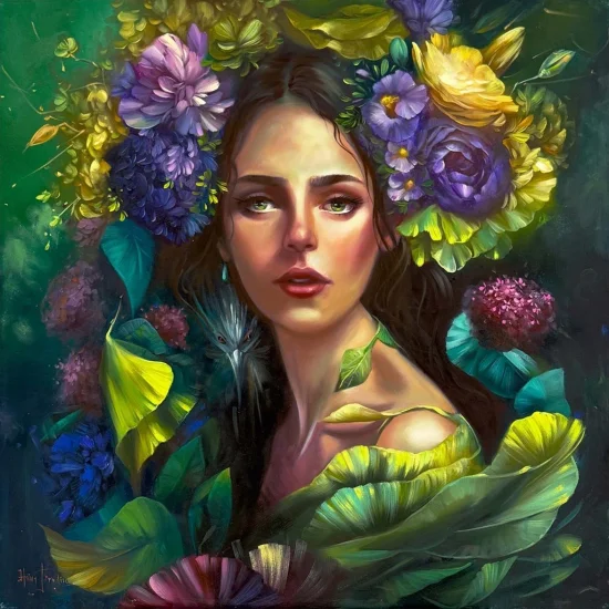 Yeşilin İçindeki Kadın Yağlı Boya Tablosu