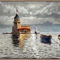 Kız Kulesi ve Teknelerin Duruşu Yağlı Boya Tablosu