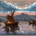 İstanbul Boğazı Gece Işıltısı Yağlı Boya Tablosu