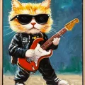Gitarist Kedi Yağlı Boya Tablosu