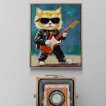 Gitarist Kedi Yağlı Boya Tablosu