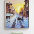 Şehirde Kar Manzarası Yağlı Boya Tablosu