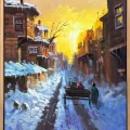 Şehirde Kar Manzarası Yağlı Boya Tablosu