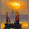 Boats on the Crimson Horizon Oil Painting