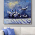 Cranes in a Winter Landscape Oil Painting