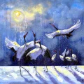 Cranes in a Winter Landscape Oil Painting