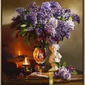 Mum Işığında Vazodaki Leylaklar ve Huzur Siparişe Özel Yağlı Boya Tablo