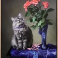 Vazoda Pembe Güller ve Kedinin Bakışı Siparişe Özel Yağlı Boya Tablo