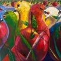 Colorful Harmony of Pigeons Oil Painting
