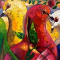 Colorful Harmony of Pigeons Oil Painting