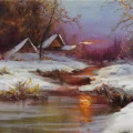 Dere Kenarında Kış Beyazı Yağlı Boya Tablosu