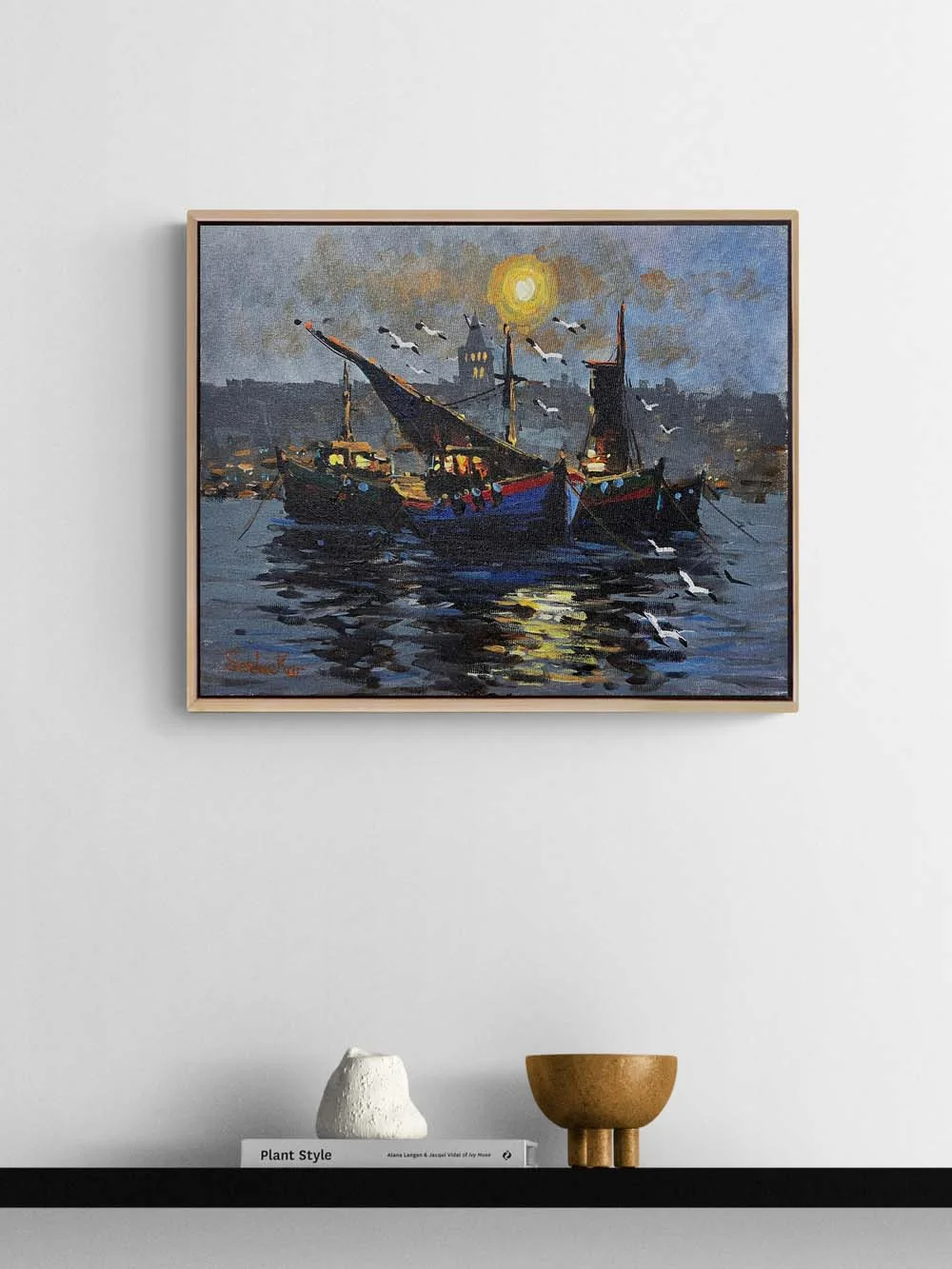 İstanbul Boğazında Gece Yağlı Boya Tablosu