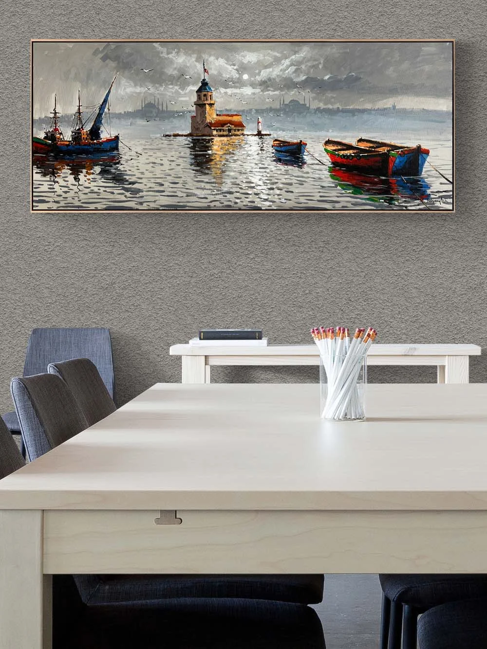 Kız Kulesi ve Teknelerin Duruşu Yağlı Boya Tablosu