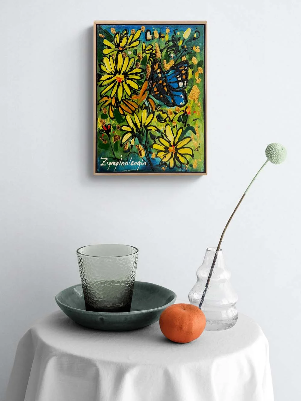 Papatyada Kelebek Yağlı Boya Tablosu