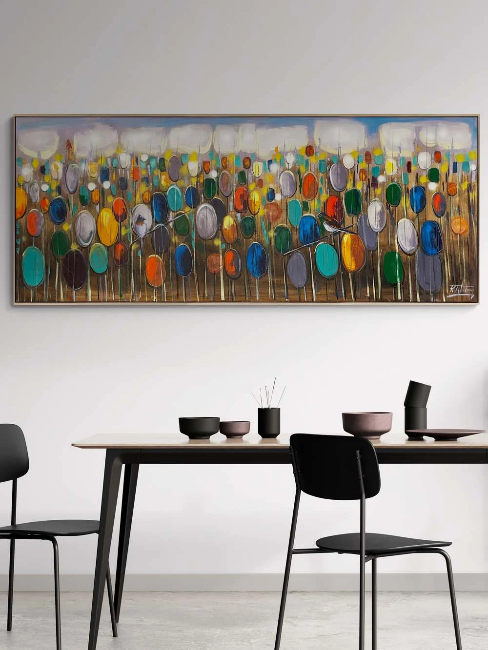 Renkli Sazlıkta Kuşlar Yağlı Boya Tablosu