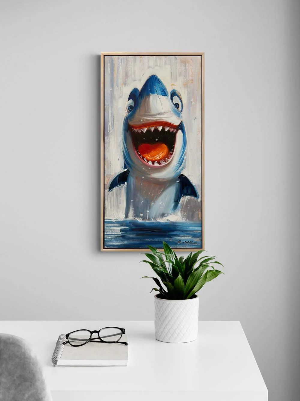 Meraklı Köpek Balığı Yağlı Boya Tablosu