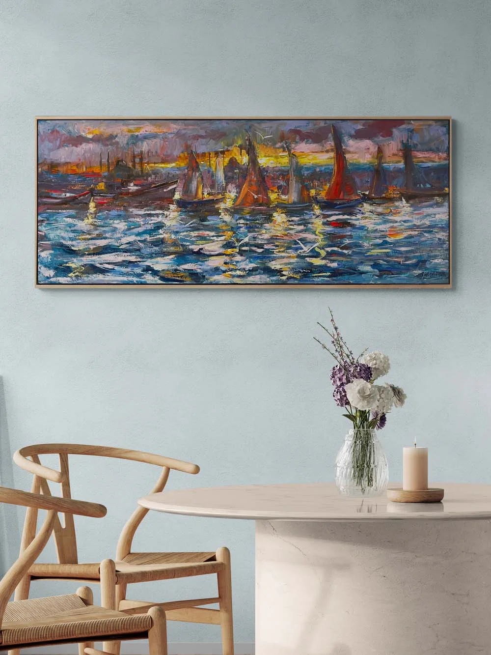 İstanbul Boğazında Yelkenliler Yağlı Boya Tablosu