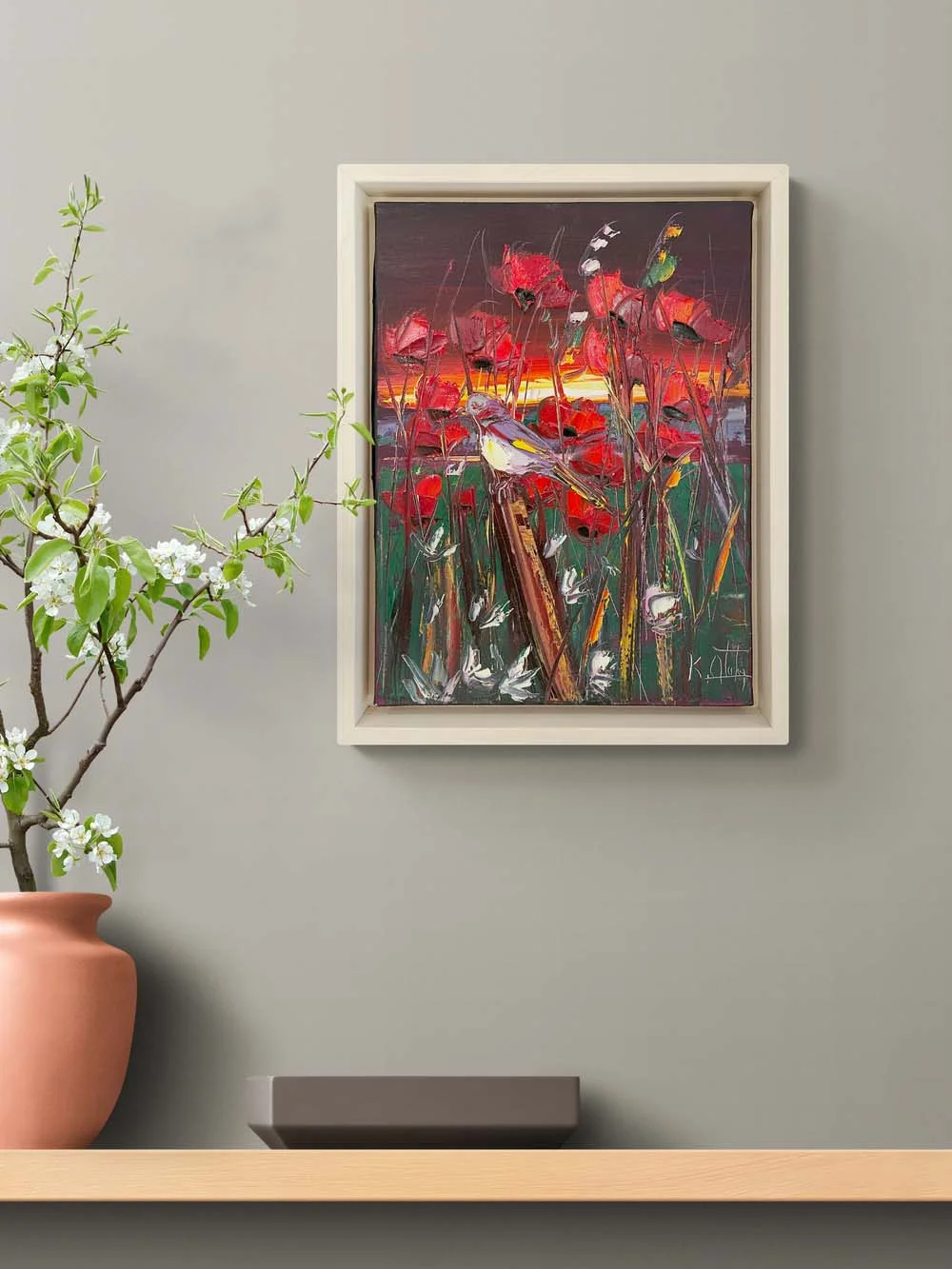 Gelincikler Tarlasında Kuş Yağlı Boya Tablosu