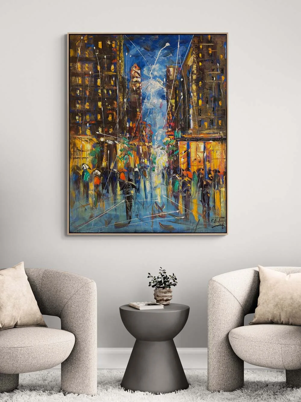 Şehir Gece Işıltısı Yağlı Boya Tablosu