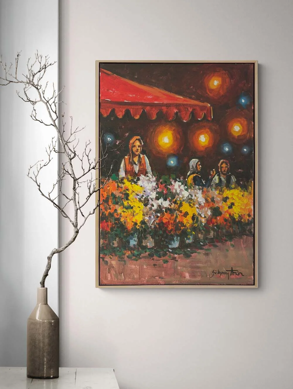 Streetlamp and Flowers Oil Painting