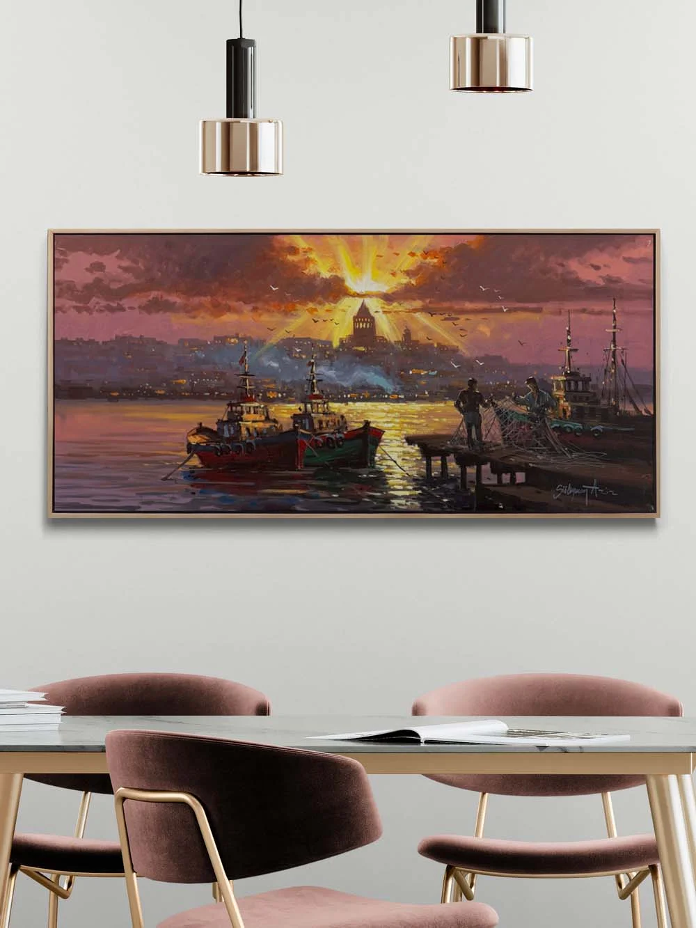 İskelede Boğazın Balıkçıları Yağlı Boya Tablosu