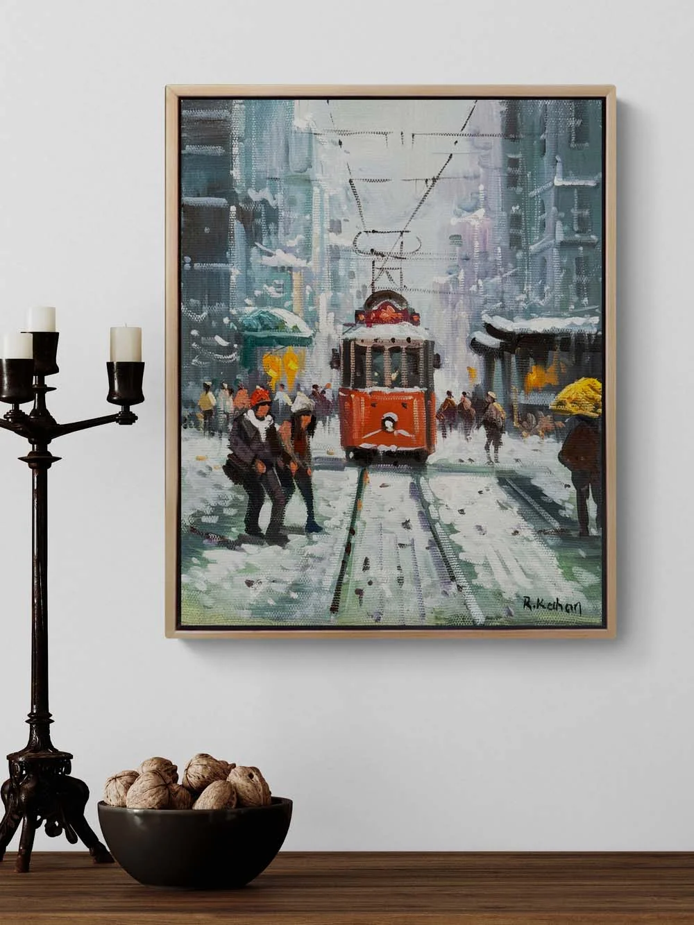 Karda Kırmızı Tramvay Yağlı Boya Tablosu