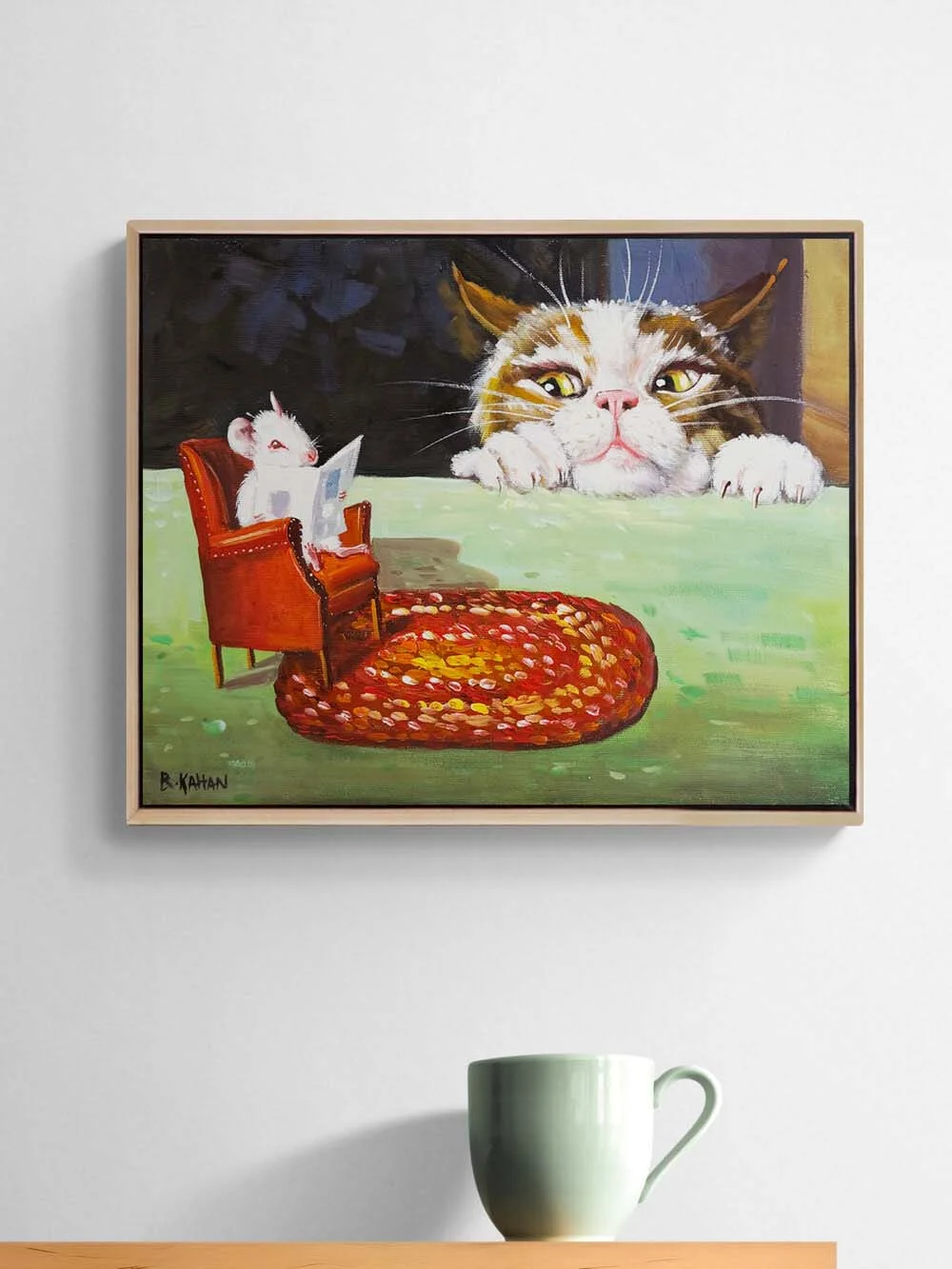 Okuyan Fare Bakan Kedi Yağlı Boya Tablosu