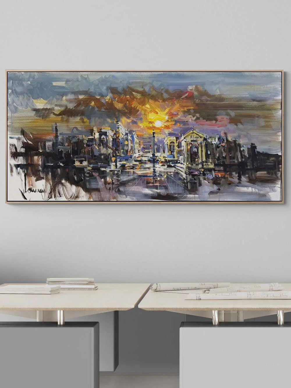Güneşin Ardındaki Şehir Yağlı Boya Tablosu
