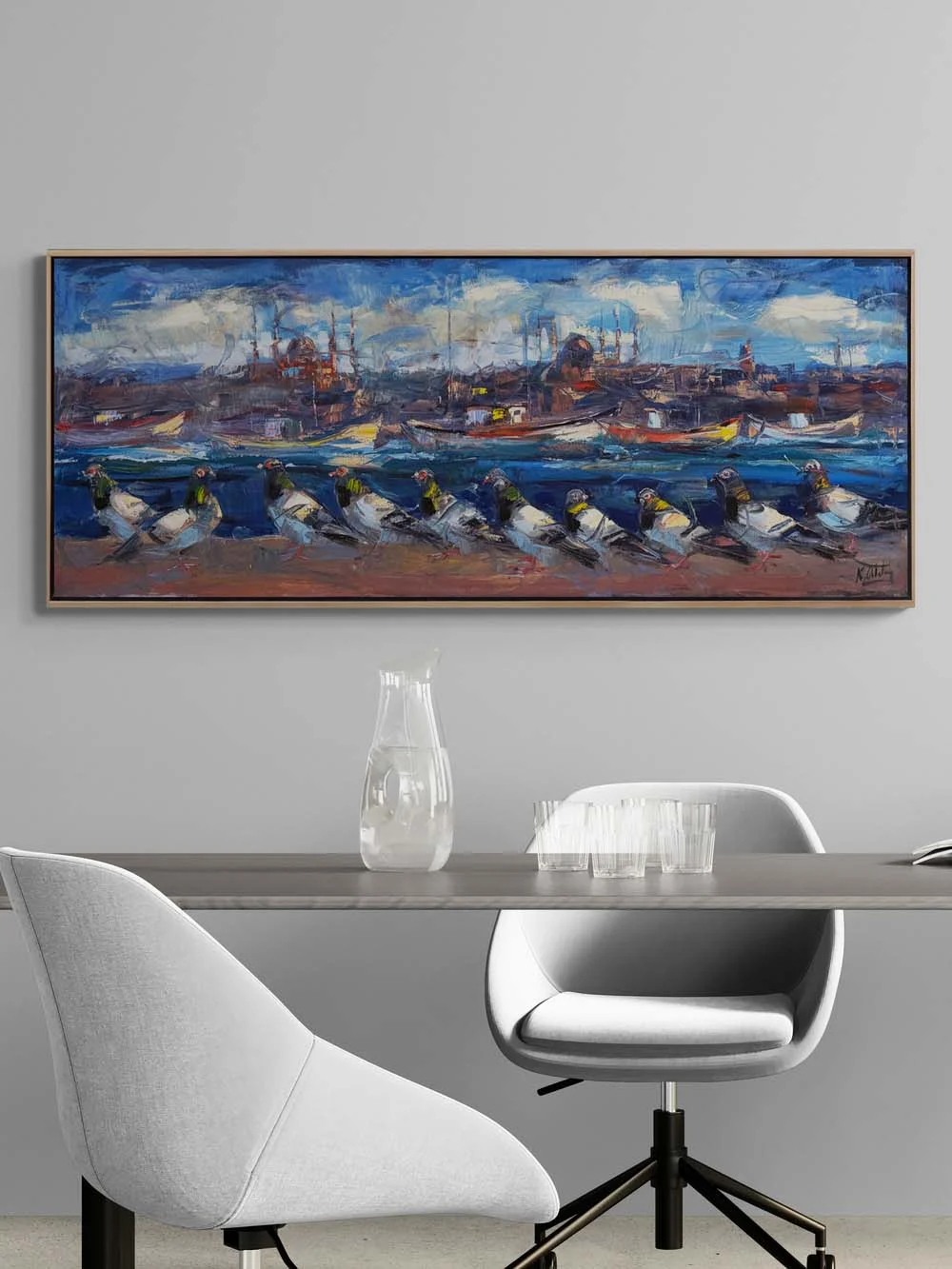 Boğazın Bekçisi Güvercinler Yağlı Boya Tablosu