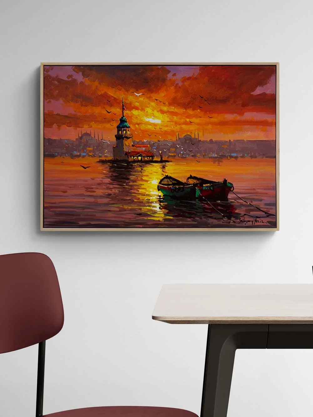 Kız Kulesinde Kızıl Gün Yağlı Boya Tablosu