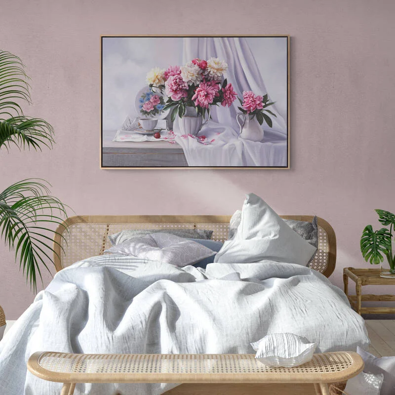 Porselen Vazoda Güller ve Çay Saati Siparişe Özel Yağlı Boya Tablo