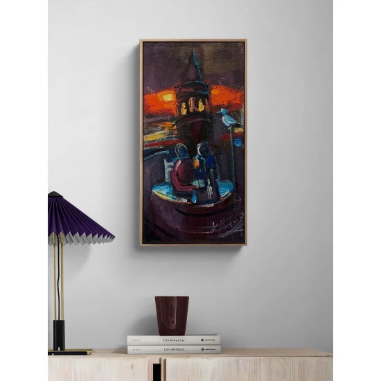 Galata Kulesinde Başbaşa Yağlı Boya Tablosu