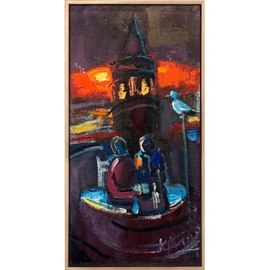 Galata Kulesinde Başbaşa Yağlı Boya Tablosu