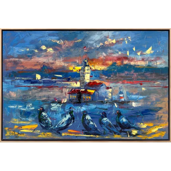 Kız Kulesinin Kuşlarla Melodisi Yağlı Boya Tablosu