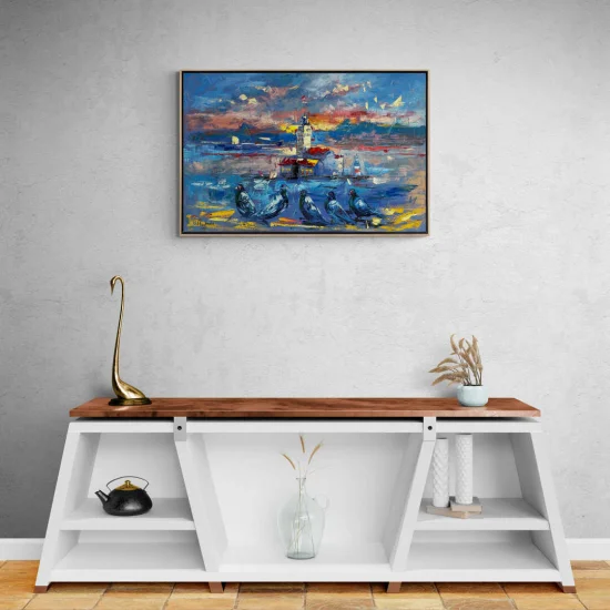 Kız Kulesinin Kuşlarla Melodisi Yağlı Boya Tablosu