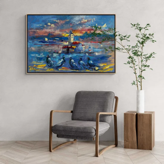 Kız Kulesinin Kuşlarla Melodisi Yağlı Boya Tablosu