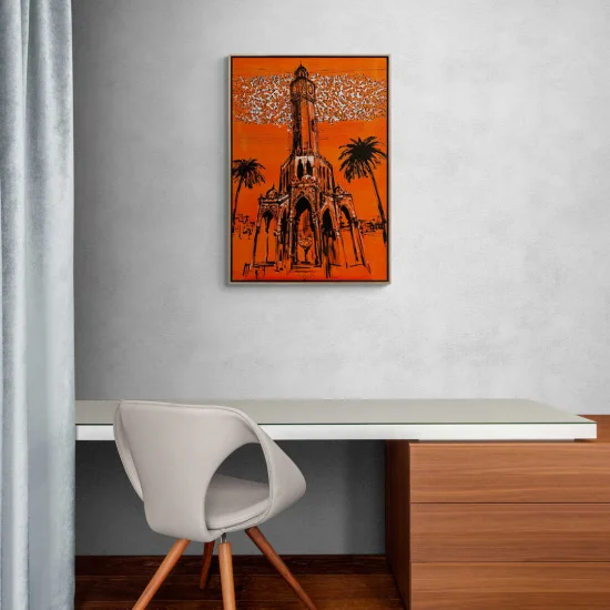 İzmirin Simgesi Saat Kulesi Yağlı Boya Tablosu