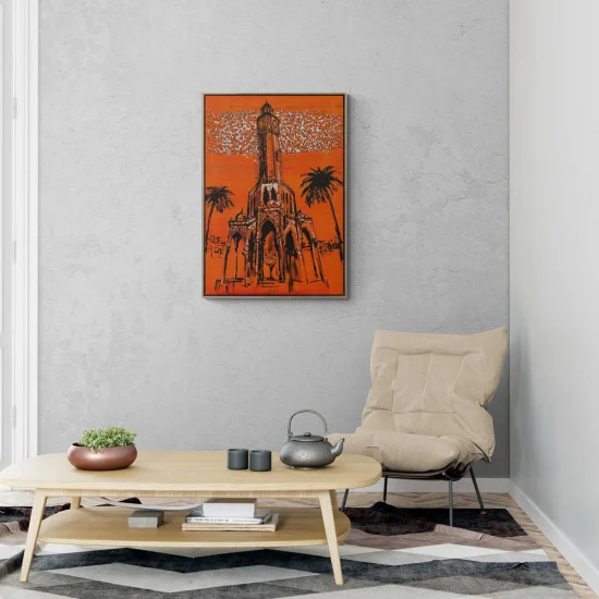 İzmirin Simgesi Saat Kulesi Yağlı Boya Tablosu