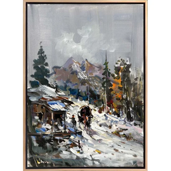 Snowy Village Oil Painting