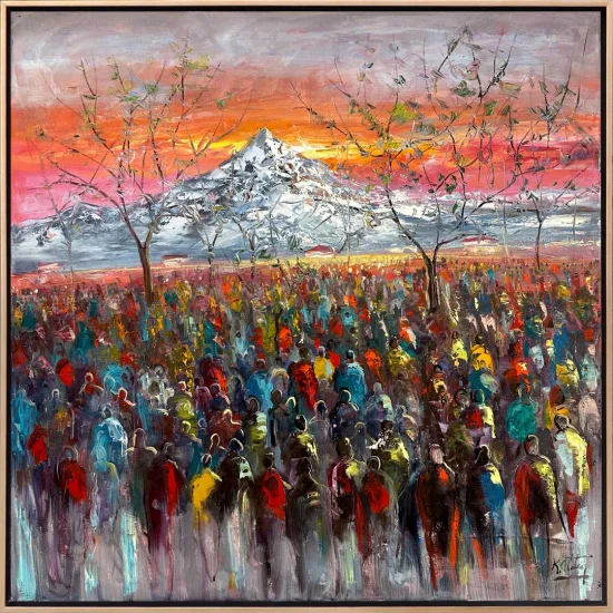Renkli Kalabalık ve Dağın Buluşması Yağlı Boya Tablosu
