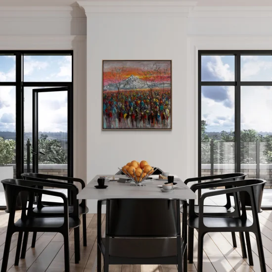 Renkli Kalabalık ve Dağın Buluşması Yağlı Boya Tablosu