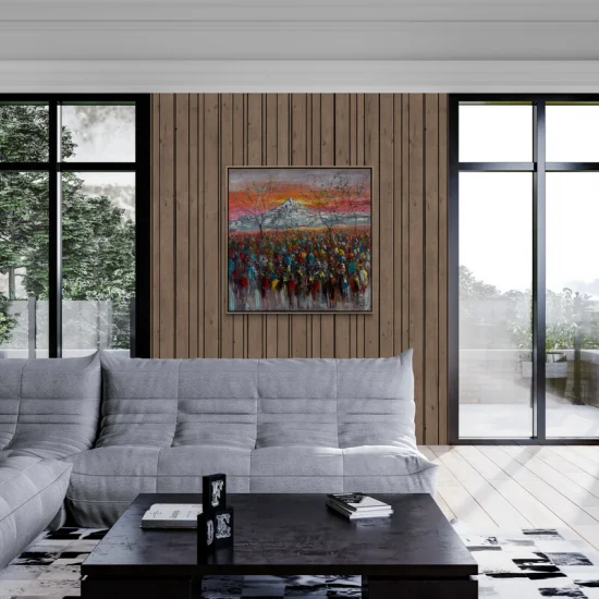 Renkli Kalabalık ve Dağın Buluşması Yağlı Boya Tablosu