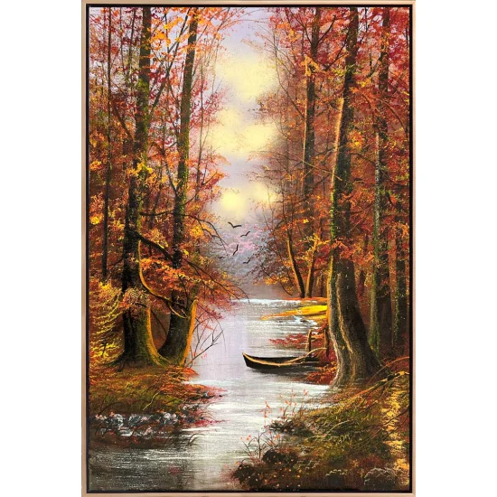 Nehir Kenarındaki Sonbahar Ormanı Yağlı Boya Tablosu