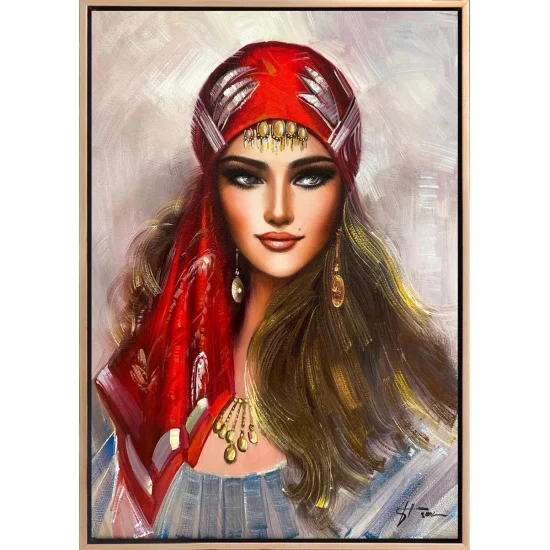Kırmızı Yazmalı Acem Kızı Yağlı Boya Tablosu